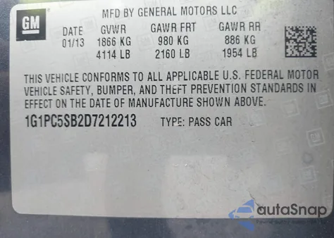 2013 Chevrolet Cruze 1Lt Auto z USA, uszkodzony, nr VIN 1G1PC5SB2D7212213